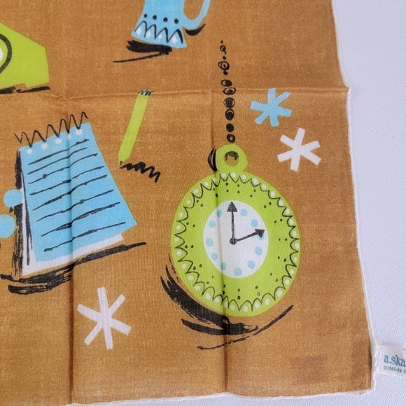 Vintage 1960s Designer JEANNE MILLER Phone Clock Handkerchief TAG UNUSED - Picture 4 of 7